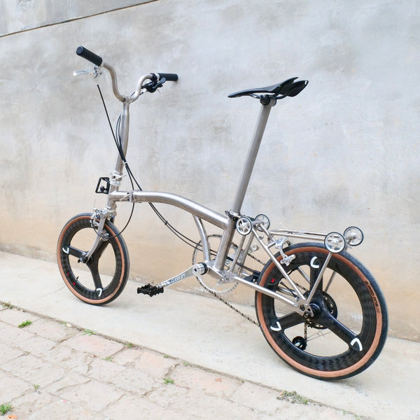 7 speedfull aero titanium brompton bike with carbon wheelsets  raw silver hand-brushed
