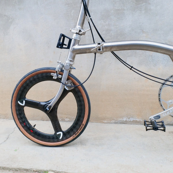 7 speedfull aero titanium brompton bike with carbon wheelsets  raw silver hand-brushed