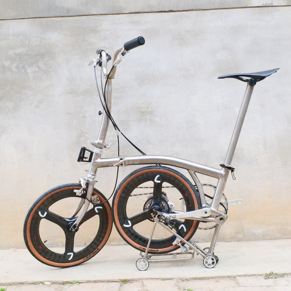 7 speedfull aero titanium brompton bike with carbon wheelsets  raw silver hand-brushed