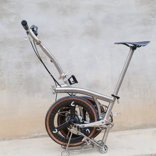 7 speedfull aero titanium brompton bike with carbon wheelsets  raw silver hand-brushed