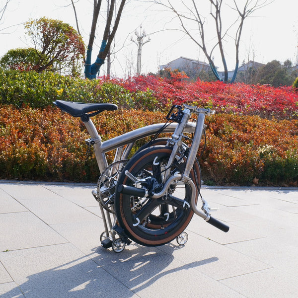 7 speedfull aero titanium brompton bike with carbon wheelsets  raw silver hand-brushed