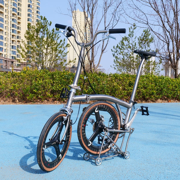 7 speedfull aero titanium brompton bike with carbon wheelsets  raw silver hand-brushed