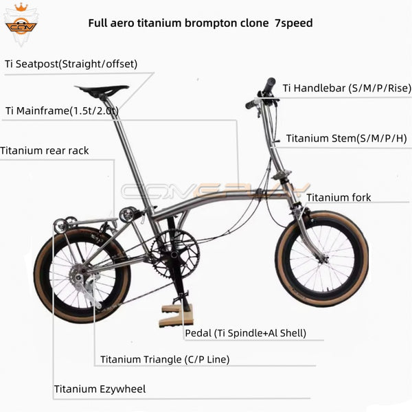 Full aero titanium brompton Clone 16 Inch tri-fold  Bike with 7-Speed Silver color