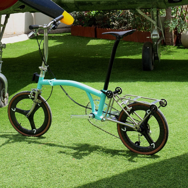 Full aero titanium brompton 16 Inch Bike, 7-Speed,Carbon wheelsets, Sky blue