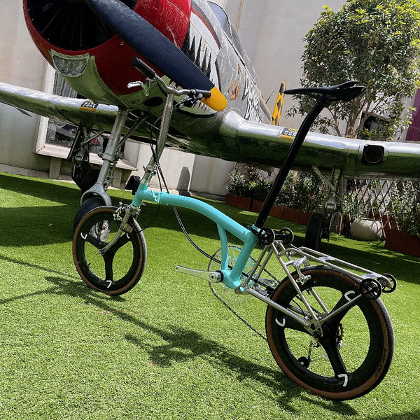 Full aero titanium brompton 16 Inch Bike, 7-Speed,Carbon wheelsets, Sky blue