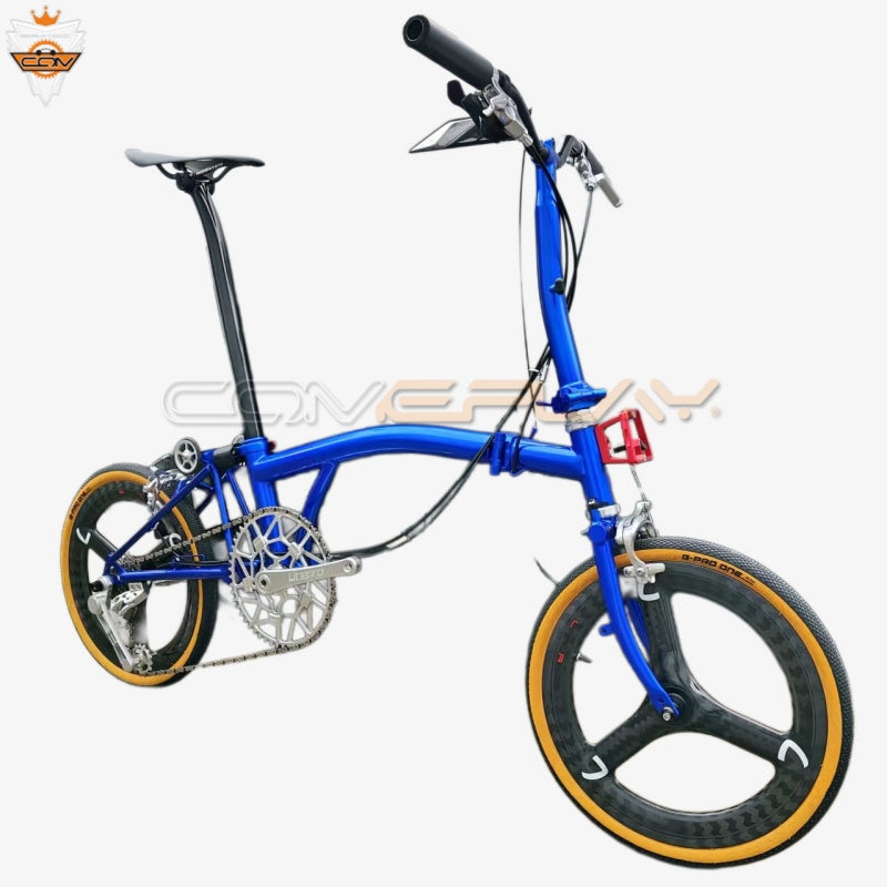 Full aero titanium Brompton tri-fold bicycle 16inch 7speed, rim brake, carbon wheelsets, blue color