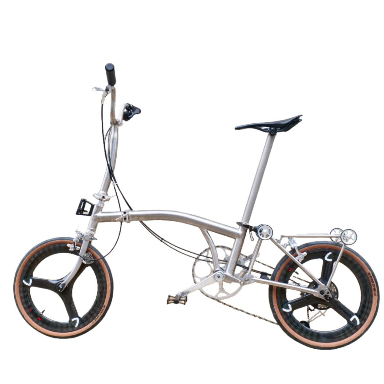 7 speedfull aero titanium brompton bike with carbon wheelsets  raw silver hand-brushed