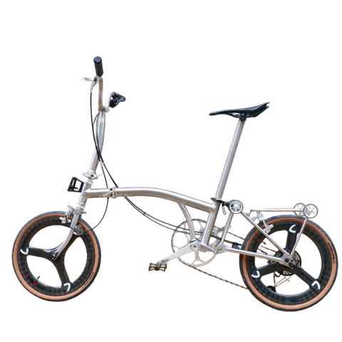 7 speedfull aero titanium brompton bike with carbon wheelsets  raw silver hand-brushed