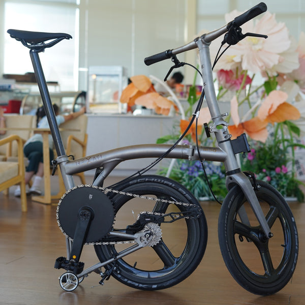 HEXATI T18 ELite – 8.2kg Full-Titanium Tri-Fold Bike  Rim Brake, 7-Speed, 355 Carbon Wheels – T Line Alternative